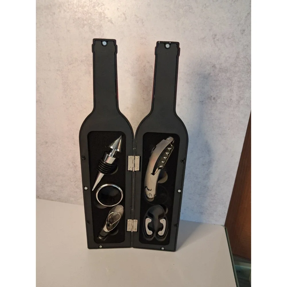 Wine Bottle Shaped 5-Piece Wine Accessory Gift Set Corkscrew Pourer Stopper 12
